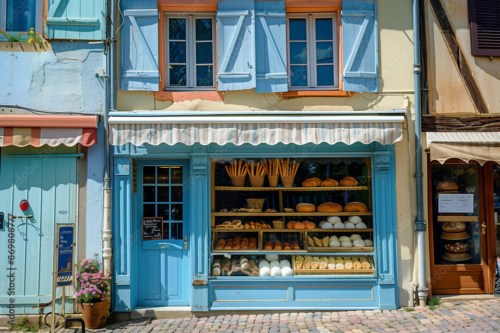 Charming Bakery Shopfront in European Village: A Cozy Blue and White Storefront with Freshly Baked Bread Displayed in the Window, Featuring a Welcoming Entrance Charming Bakery Shopfront in European Village: A Cozy Blue and White Storefront with Freshly Baked Bread Displayed in the Window, Featuring a Welcoming Entrance