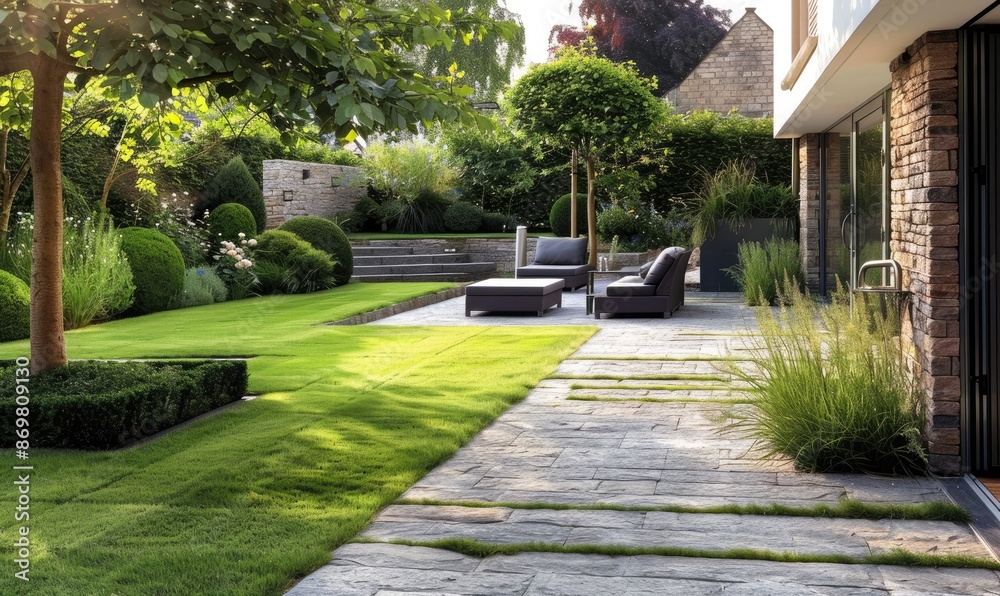 Naklejka premium Modern Home Paved Back Garden: Emphasizing Stylish Paving Design