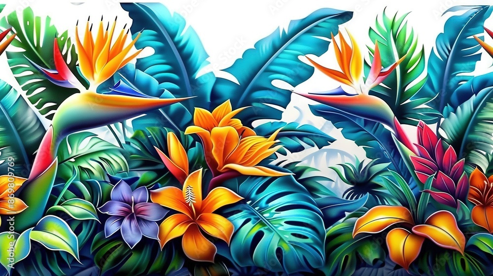 A painting of vibrant tropical plants on a white canvas, featuring shades of blue, yellow, orange, and green leaves A painting of vibrant tropical plants on a white canvas, featuring shades of blue, yellow, orange, and green leaves
