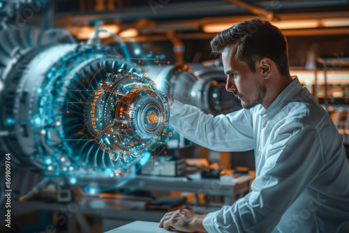 Skilled Engineer Enhancing Jet Engine with Augmented Reality in High-Tech Plant Industrial Specialist Innovating in Technological Facility