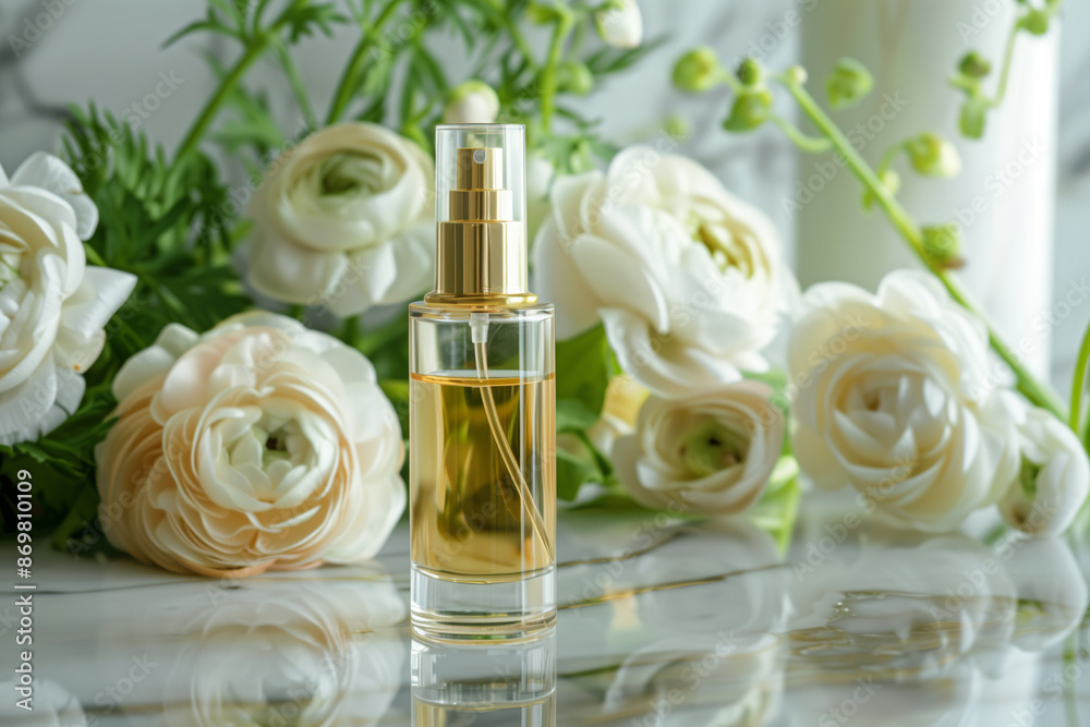 A sophisticated and elegant composition featuring a clear glass perfume bottle with a golden cap, surrounded by lush white roses, set against a reflective surface with a serene, bright backdrop A sophisticated and elegant composition featuring a clear glass perfume bottle with a golden cap, surrounded by lush white roses, set against a reflective surface with a serene, bright backdrop