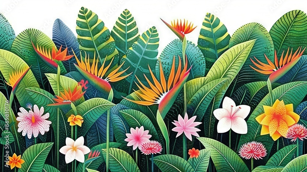Fototapeta premium A stunning painting of lush tropical foliage and vibrant blooms against a pristine white backdrop, featuring green leaves and captivating pink and yellow blossoms
