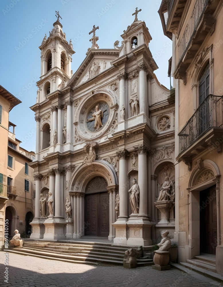 Fototapeta premium In the heart of ancient state Italy within the cobblestone streets stands a majestic church adorned with intricate metalwork and ornate sculptures