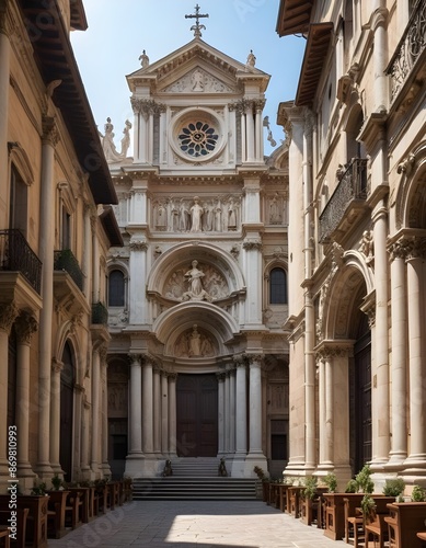 In the heart of ancient state Italy within the cobblestone streets stands a majestic church adorned with intricate metalwork and ornate sculptures © Hdesigns