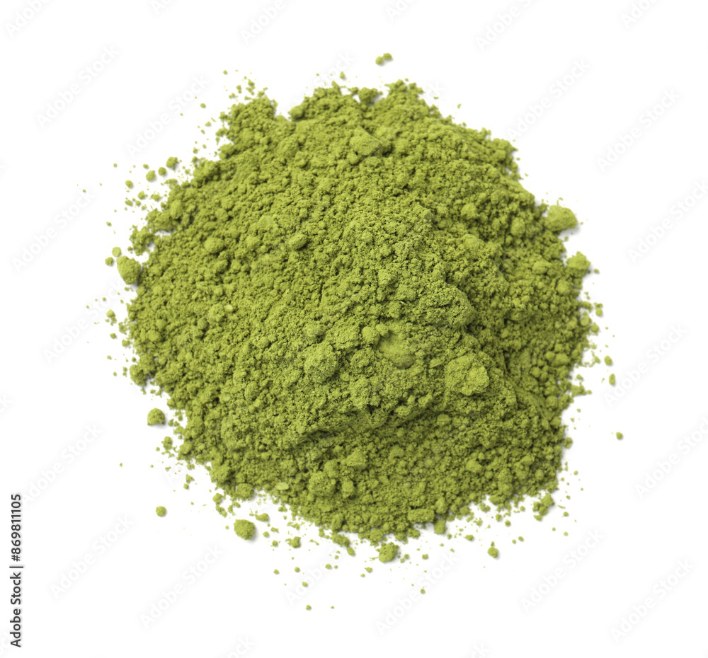 Pile of green matcha powder isolated on white, top view