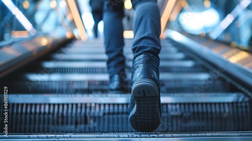 Man walking up escalator in modern building. Low angle shot of a man's legs and feet in black boots walking up an escalator, suggesting a sense of progress and upward mobility.