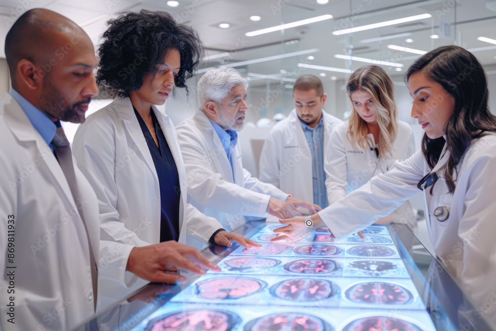 Fototapeta premium Exploring Hand Gestures Diverse Colleagues at Medical Research Center Analyzing Brain MRI Scans for Alzheimer's Cure