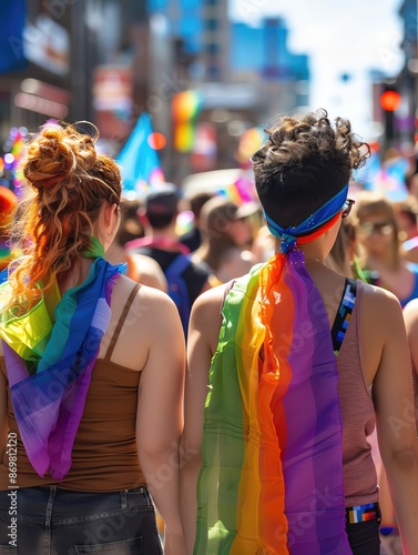 Two people draped in rainbow flags at a vibrant street parade celebration, showcasing LGBTQ+ pride and community.