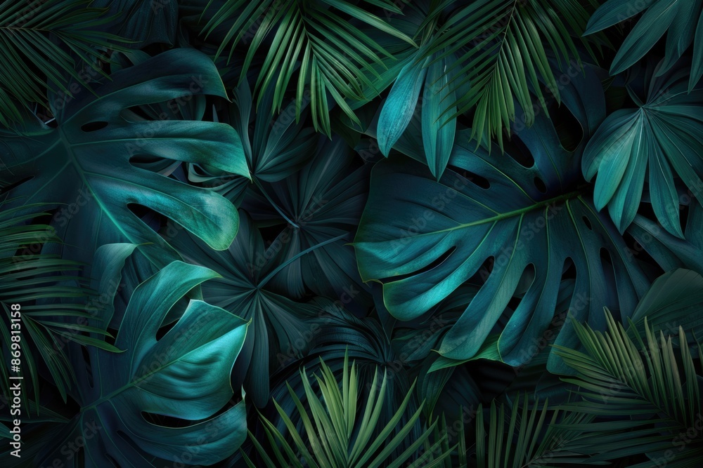 Fototapeta premium Tropical leaves dark jungle background color toned