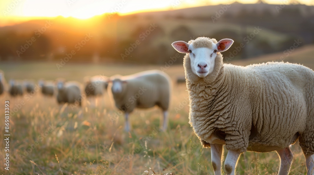 Sheep in golden hour pasture. Serene scene of a sheep with its flock at sunset. Ideal for agricultural, farming, or nature-themed projects. Sheep in golden hour pasture. Serene scene of a sheep with its flock at sunset. Ideal for agricultural, farming, or nature-themed projects.