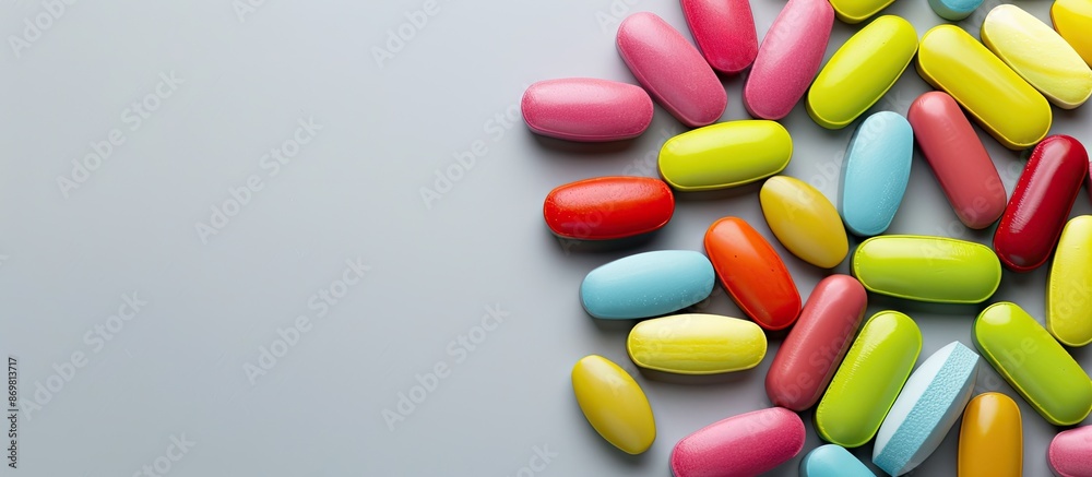 Vibrant tablets arranged on a neutral gray backdrop, with room for a copy space image. Vibrant tablets arranged on a neutral gray backdrop, with room for a copy space image.