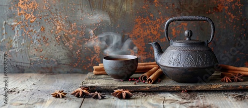 Asian-style tea set including an iron teapot, a ceramic cup, and a collection of cinnamon sticks and star anise, presented in a rustic setting with copy space image. photo