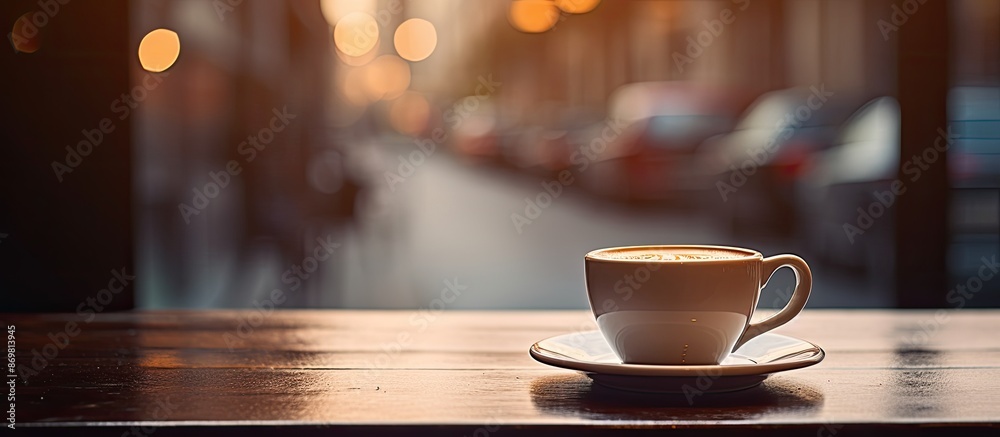 Fototapeta premium Coffee cup on a table in a cafe, showing copy space image.
