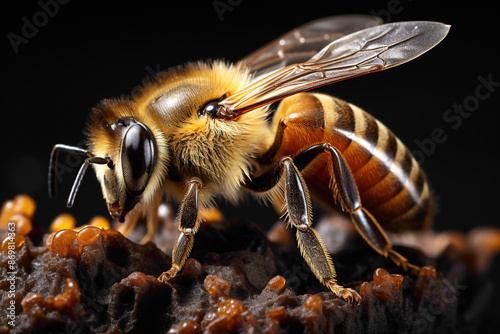 A detailed photograph of a honeybee collecting pollen, its furry body and delicate wings captured against a solid background, an appreciation for the crucial role of pollinators. © HASHMAT