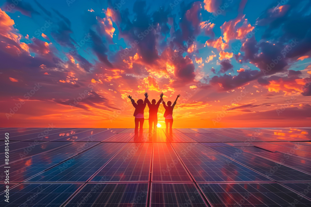 Fototapeta premium Sunset Skies Capturing the Beauty of Solar Power Generation with Photovoltaic Panels