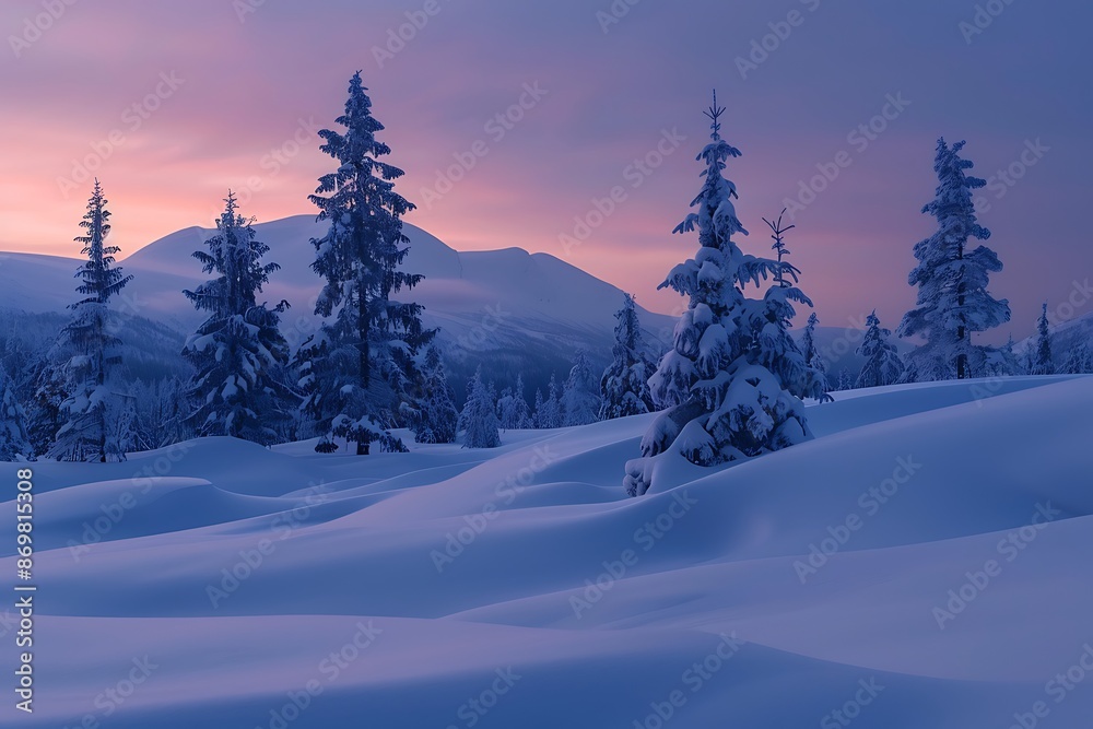 The soft glow of twilight over a snow-covered landscape The soft glow of twilight over a snow-covered landscape