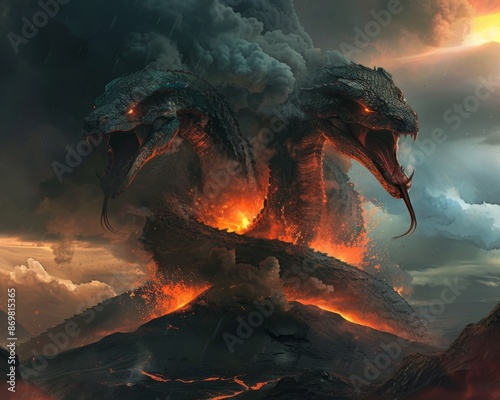 Mythical Two Headed Serpents Coiling Around Volcanic Peak Emitting Plumes of Smoke and Ash