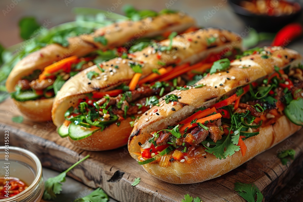 A Taste of Vietnam: Bahn Mi Sandwiches with Pickled Vegetables and Meats on a Wooden Board A Taste of Vietnam: Bahn Mi Sandwiches with Pickled Vegetables and Meats on a Wooden Board