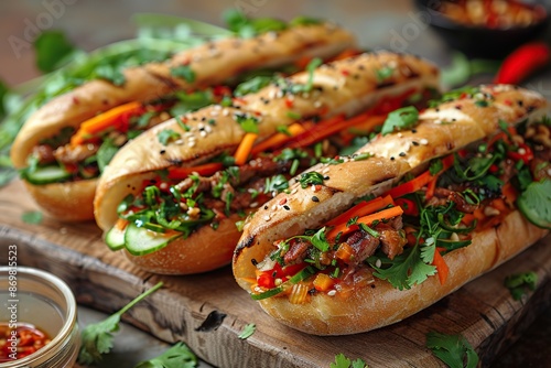 Wallpaper Mural A Taste of Vietnam: Bahn Mi Sandwiches with Pickled Vegetables and Meats on a Wooden Board Torontodigital.ca