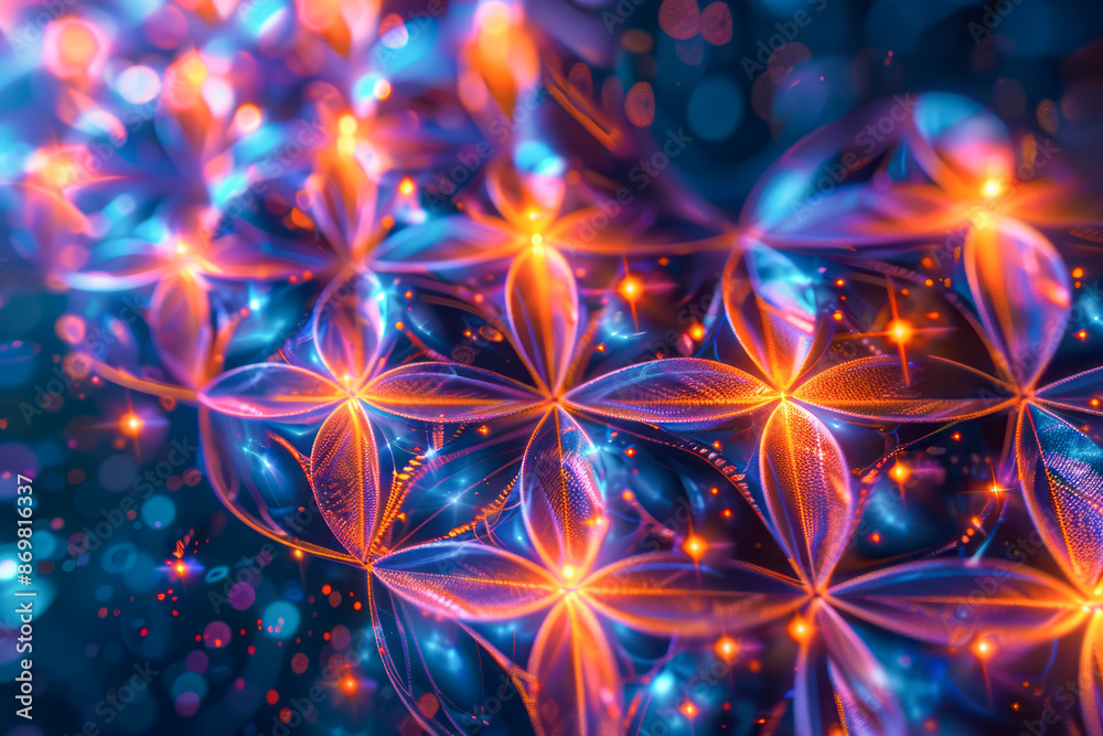 Neon Psychedelic Surrealism 3D Flower of Life Fractal Background with Sacred Geometry