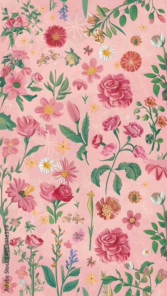 Top view image of flowers composition over pink pastel background Top view image of flowers composition over pink pastel background
