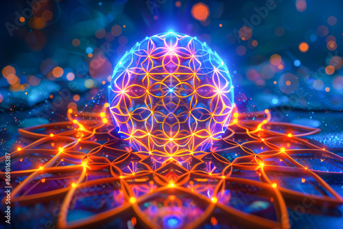 Neon Sacred Geometry Psychedelic 3D Fractal Flower of Life Surrealism photo