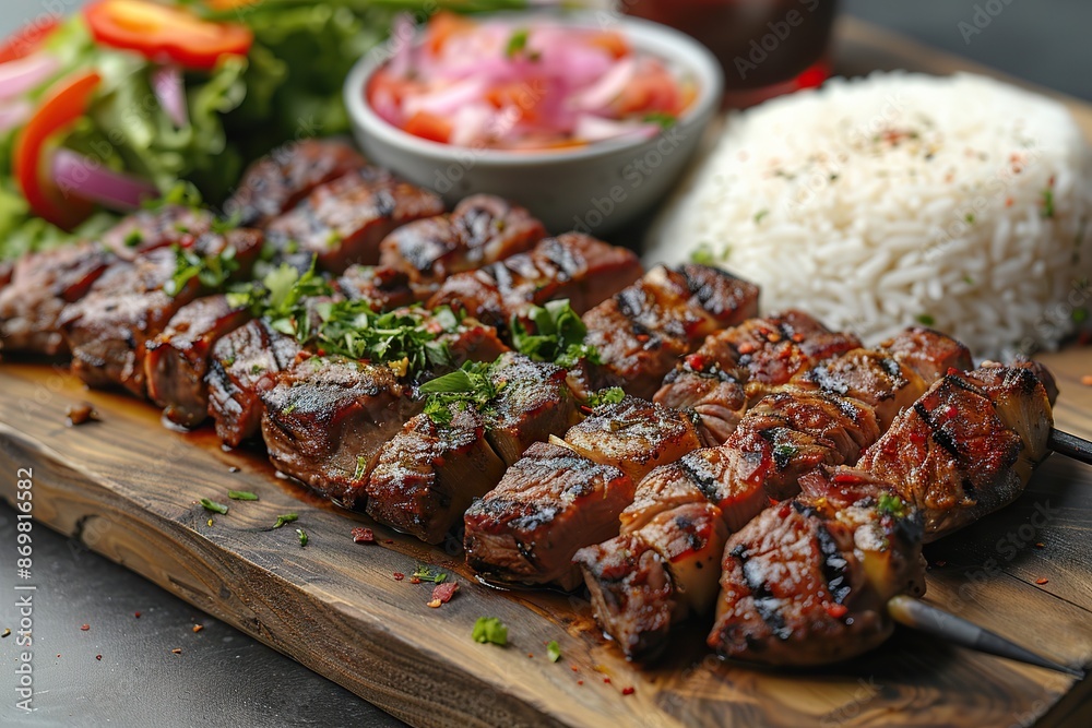 A Lebanese Culinary Delight: Shawarma with Rice, Salad, and Garlic Sauce on a Rustic Board A Lebanese Culinary Delight: Shawarma with Rice, Salad, and Garlic Sauce on a Rustic Board
