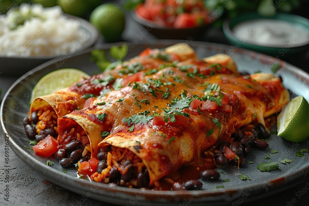 A Classic Mexican Delight: Red Enchiladas with Rice and Beans A Classic Mexican Delight: Red Enchiladas with Rice and Beans