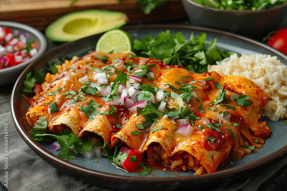 A Classic Mexican Delight: Red Enchiladas with Rice and Beans