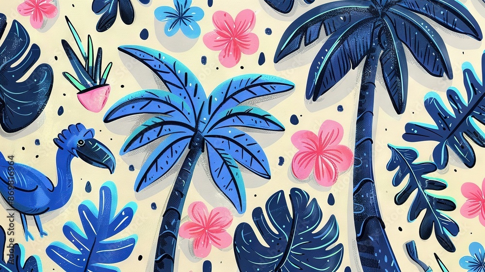 A stunning depiction of a bluebird perched among palm trees against a white canvas, surrounded by an array of vivid pink and blue blossoms A stunning depiction of a bluebird perched among palm trees against a white canvas, surrounded by an array of vivid pink and blue blossoms