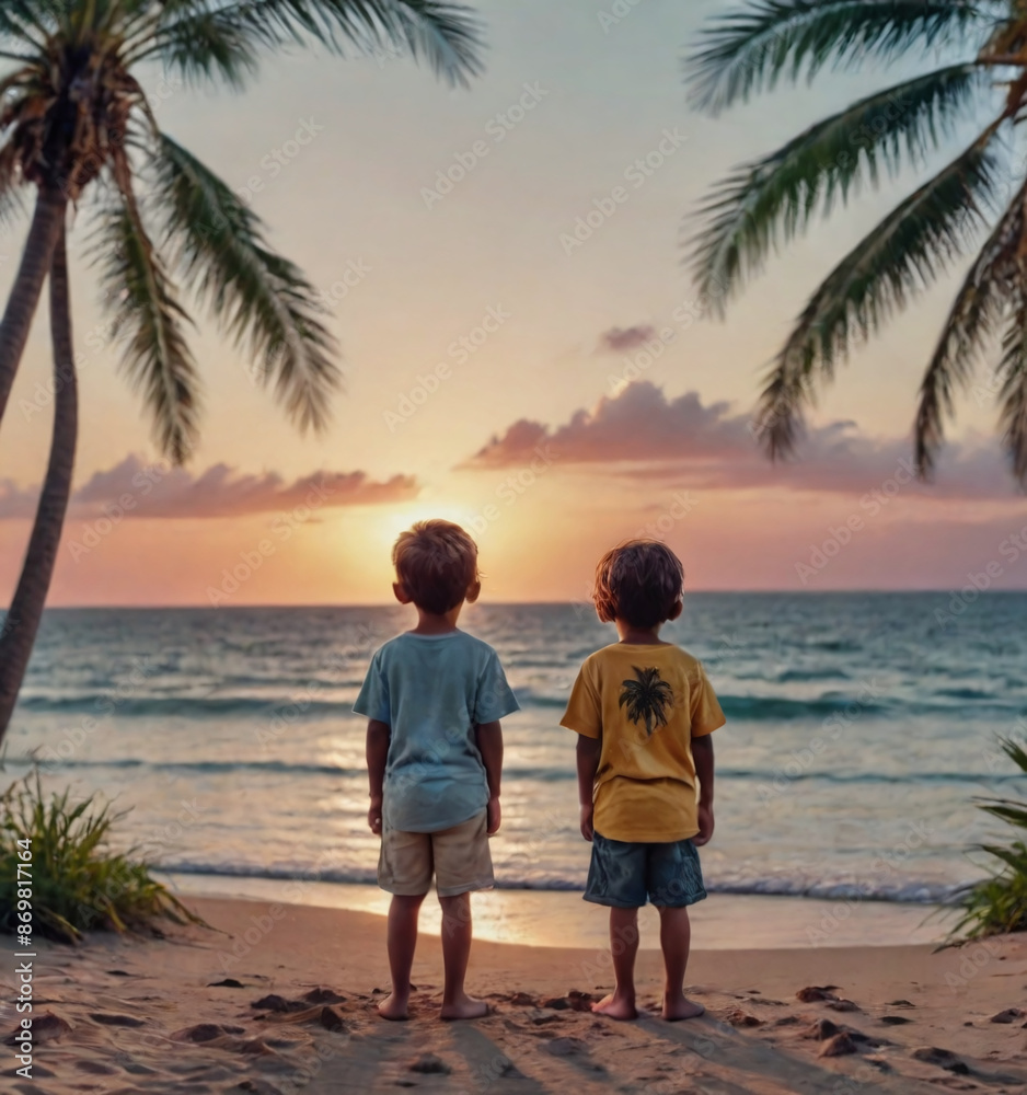 Children watching the sea from the beach at sunrise or sunset. Children watching the sea from the beach at sunrise or sunset.