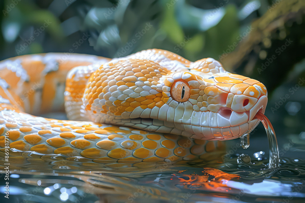Fototapeta premium Rare albino serpent sipping on molten lava a mesmerizing sight captured in stunning detail