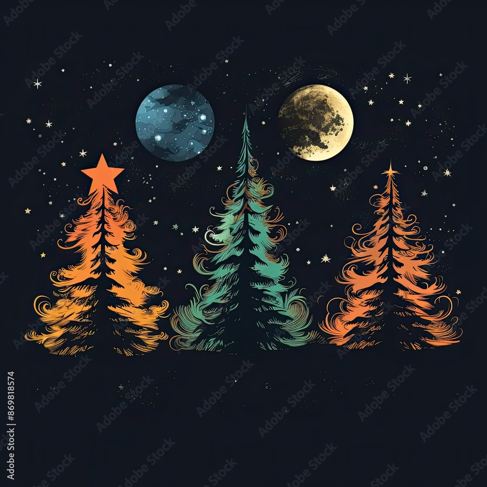 Three stylized Christmas trees stand against a dark blue night sky with stars and two moons Three stylized Christmas trees stand against a dark blue night sky with stars and two moons