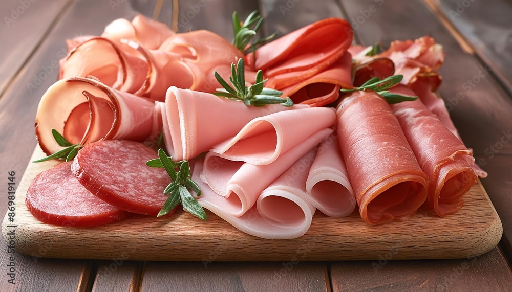 A variety of sliced meats including ham, sausage and salami artfully presented on a wooden cutting board A variety of sliced meats including ham, sausage and salami artfully presented on a wooden cutting board