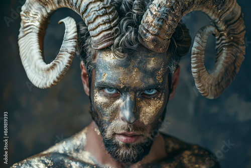 Enchanting Studio Portrait of a Horned Man Ethereal Fantasy Art Featuring a Ram Goddess with Modern Makeup and Gold Glitter © Fernando Cortés