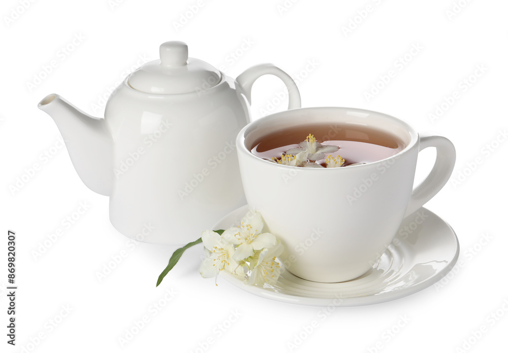 Aromatic jasmine tea in cup, flowers and teapot isolated on white Aromatic jasmine tea in cup, flowers and teapot isolated on white