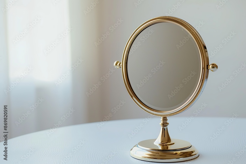 Golden round mirror for makeup on table