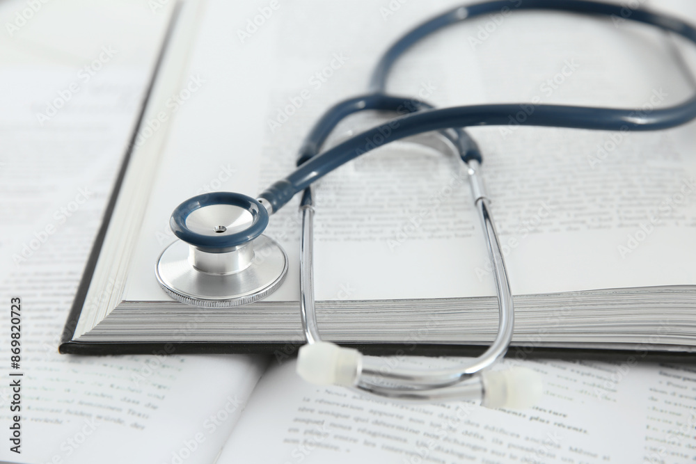 One new medical stethoscope and books on table, closeup One new medical stethoscope and books on table, closeup
