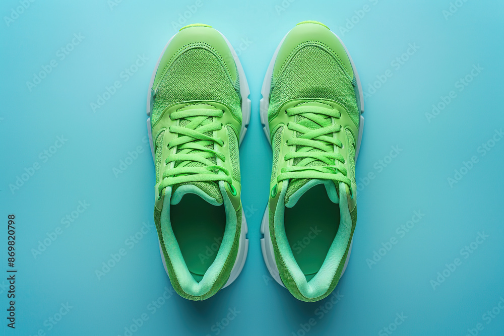 Top view of pair of modern sport shoes on blue background Top view of pair of modern sport shoes on blue background