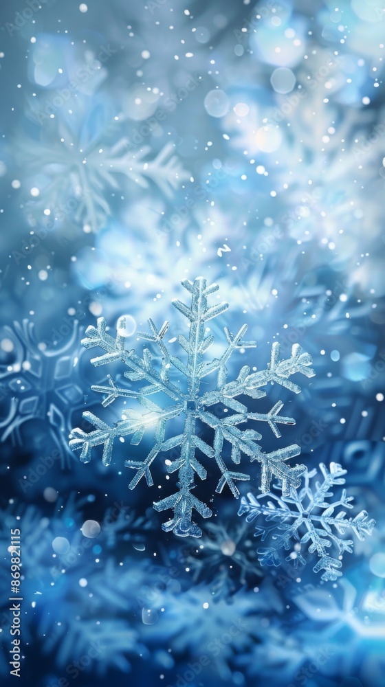 Winter background with snowflake. Christmas floating ice crystals in bright colors. Close-up of landscape with snow and ice. Winter background with snowflake. Christmas floating ice crystals in bright colors. Close-up of landscape with snow and ice.