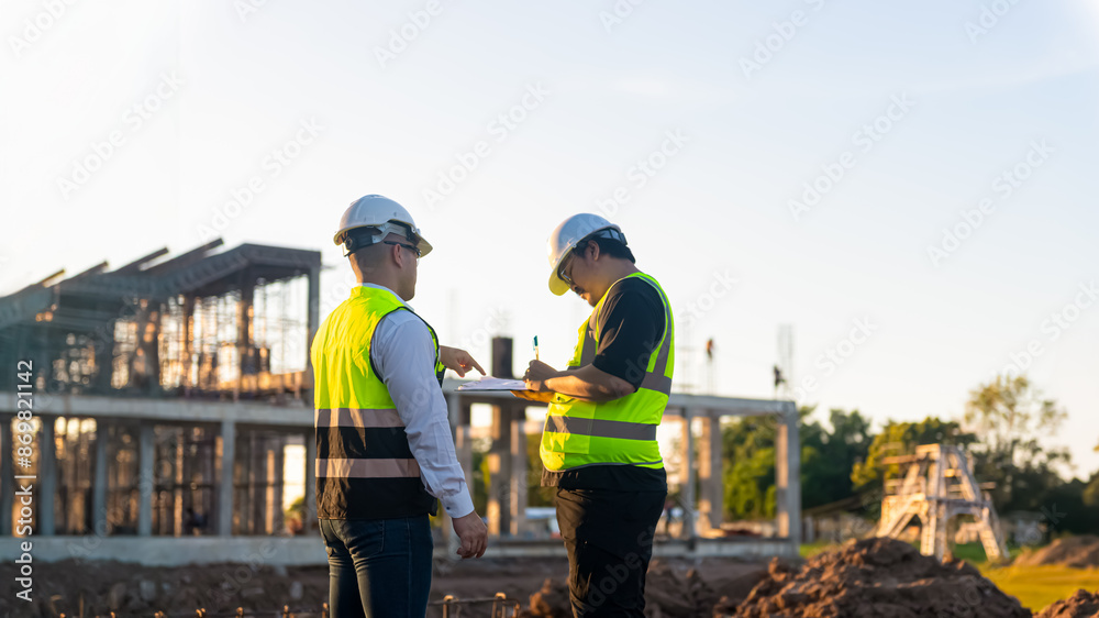 Two Architect man discussing about the building plan and see how the construction progressive at the construction site Two Architect man discussing about the building plan and see how the construction progressive at the construction site