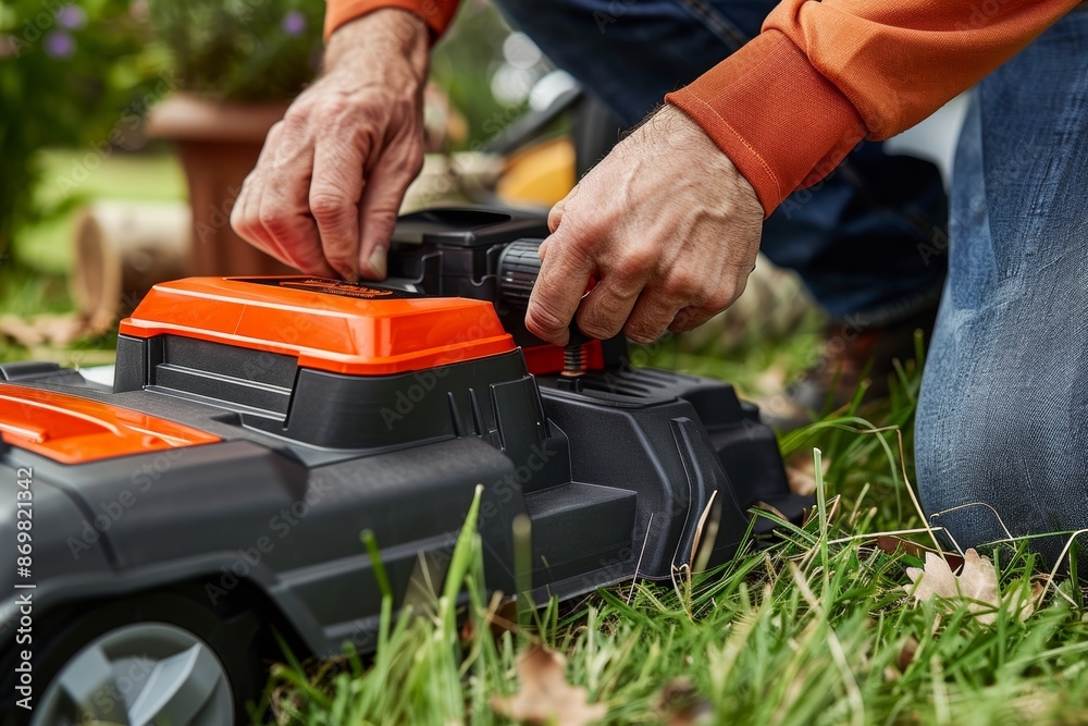 Homeowner Inserting Rechargeable Battery into Cordless Lawnmower for Easy Lawn Care Homeowner Inserting Rechargeable Battery into Cordless Lawnmower for Easy Lawn Care