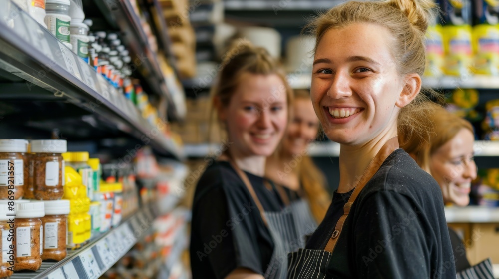 Smiling, uniformed employees in the supermarket aisles working. Smiling, uniformed employees in the supermarket aisles working.