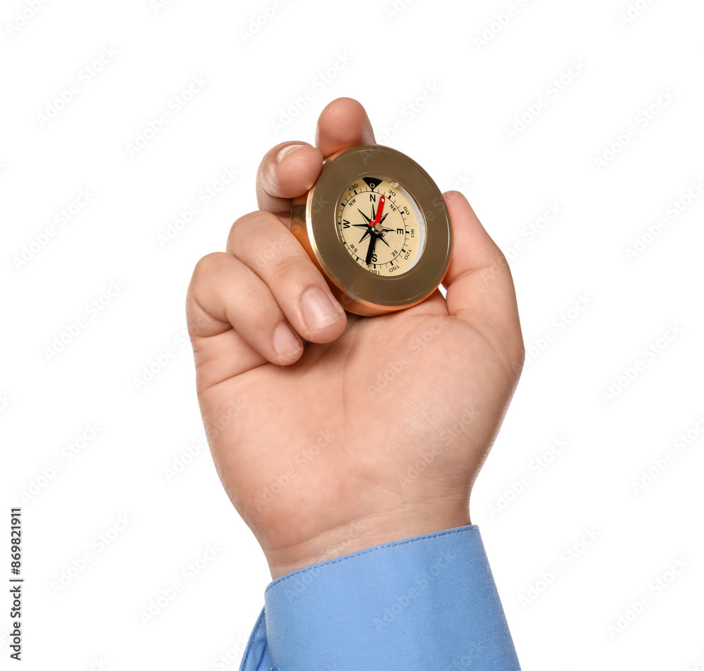 Man holding compass on white background, closeup Man holding compass on white background, closeup