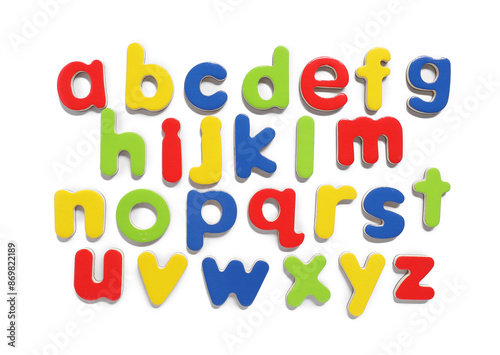Alphabetical order. Bright magnetic letters isolated on white