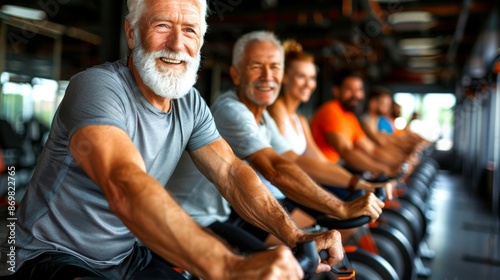 People cycling and working out happily on exercise bike in gym