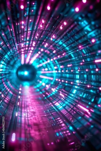 Digital landscape with Abstract teal and pink lights. Neon speed. Motion in a tunnel at light speed. 