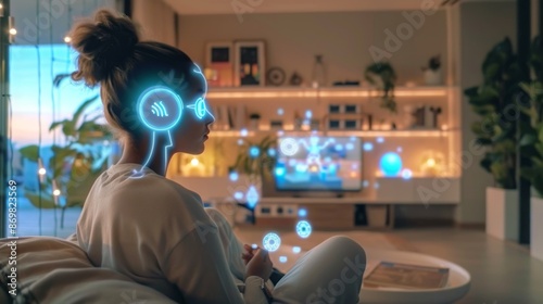AI Assisted Living: person interacting with virtual reality, Integration of Artificial Intelligence into people's lives at home with the future.