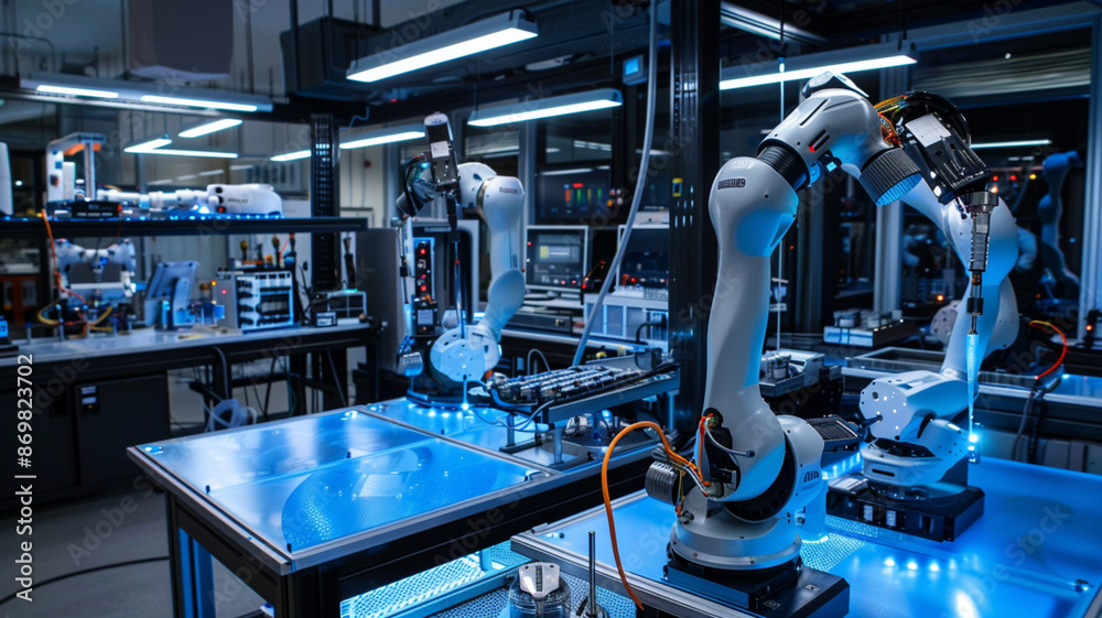 Capture the advanced setup in a robotics lab with robotic arms and control stations 
