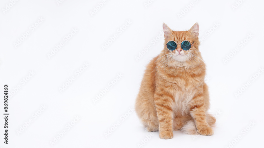 Obraz premium Orange cat wearing blue sunglasses. Ginger Cat looking at camera. White background. Concept of vacation, travel, beach, summer, and holiday. Pet in sunglasses. Cute animal portrait. Copy space 